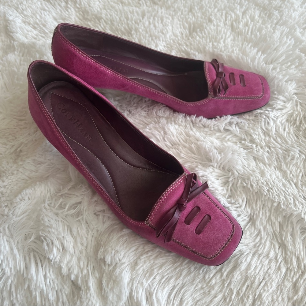 Cole Haan Pink Suede and Leather Heels With Bow Accent Size 8 1/2- Vintage